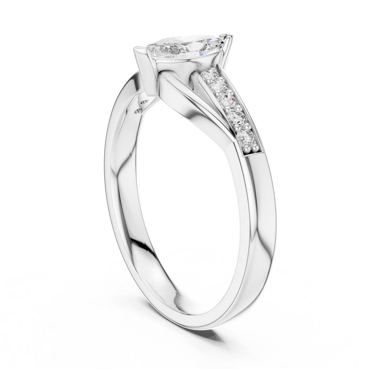 White gold marquise sapphire engagement ring with pavé band, side profile