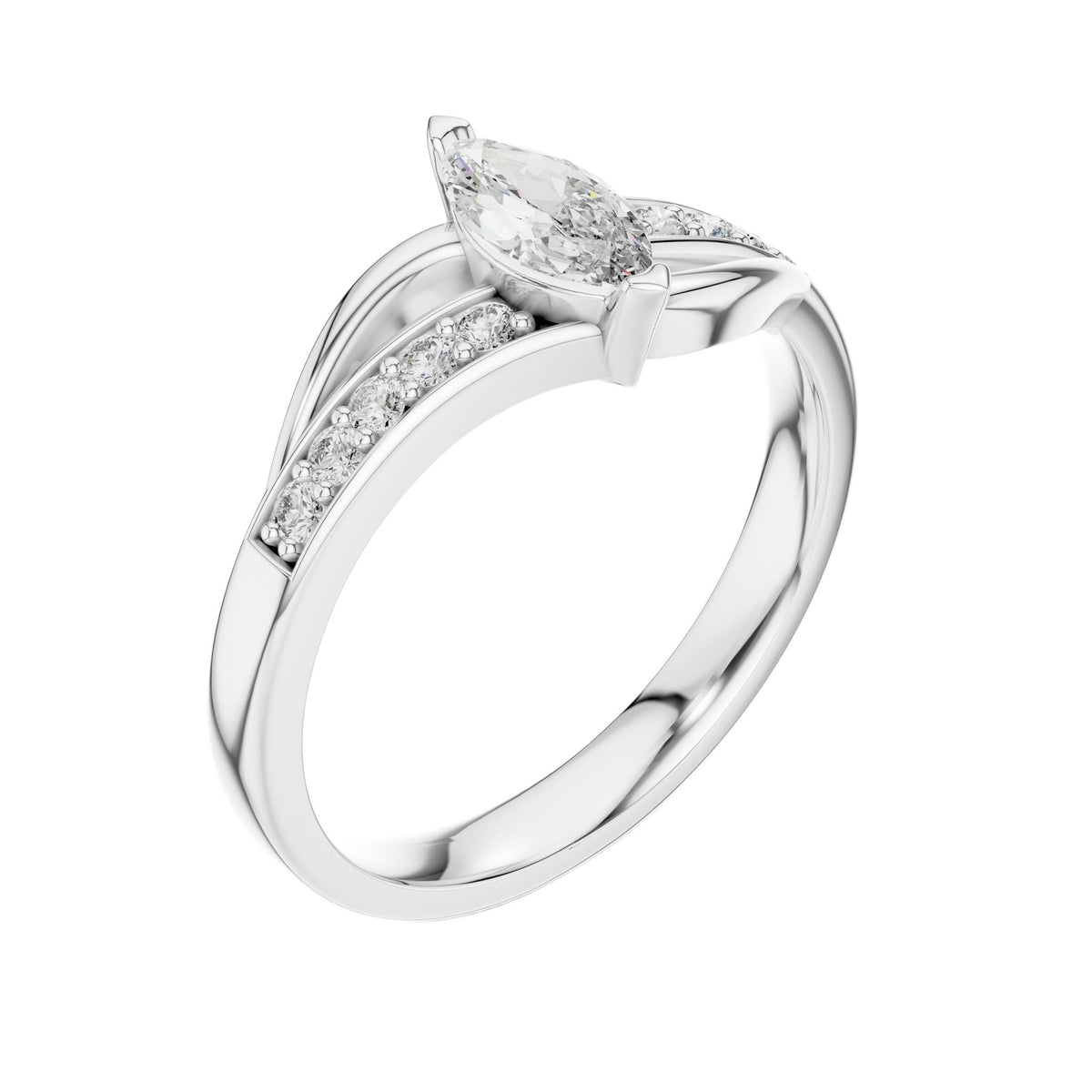White gold marquise sapphire engagement ring with pavé side stones, angled view