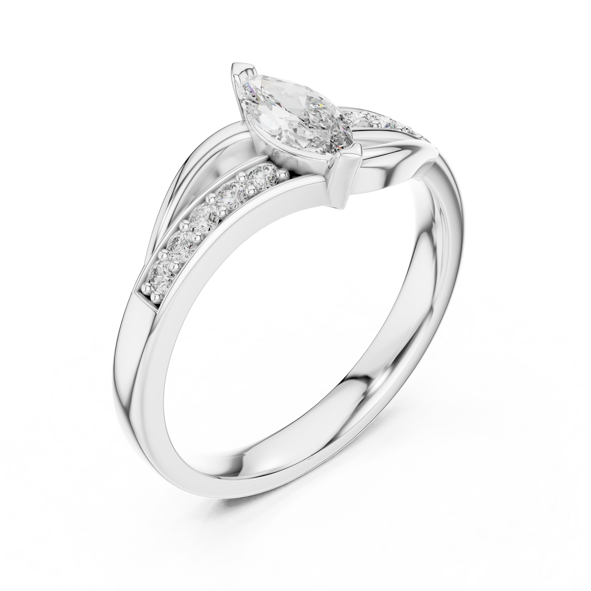 White gold marquise sapphire engagement ring with pavé side stones, angled view