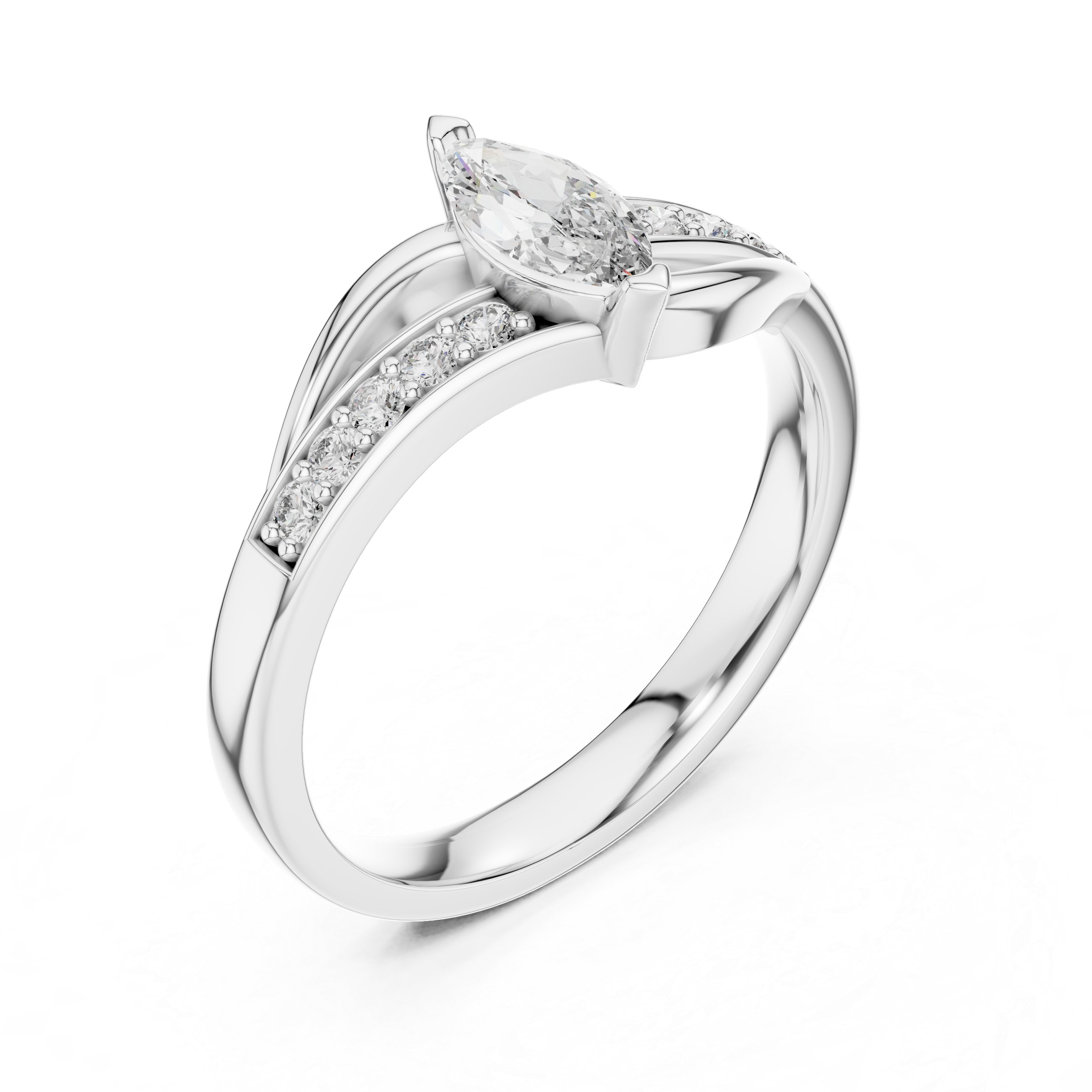 White gold marquise sapphire engagement ring with pavé side stones, angled view