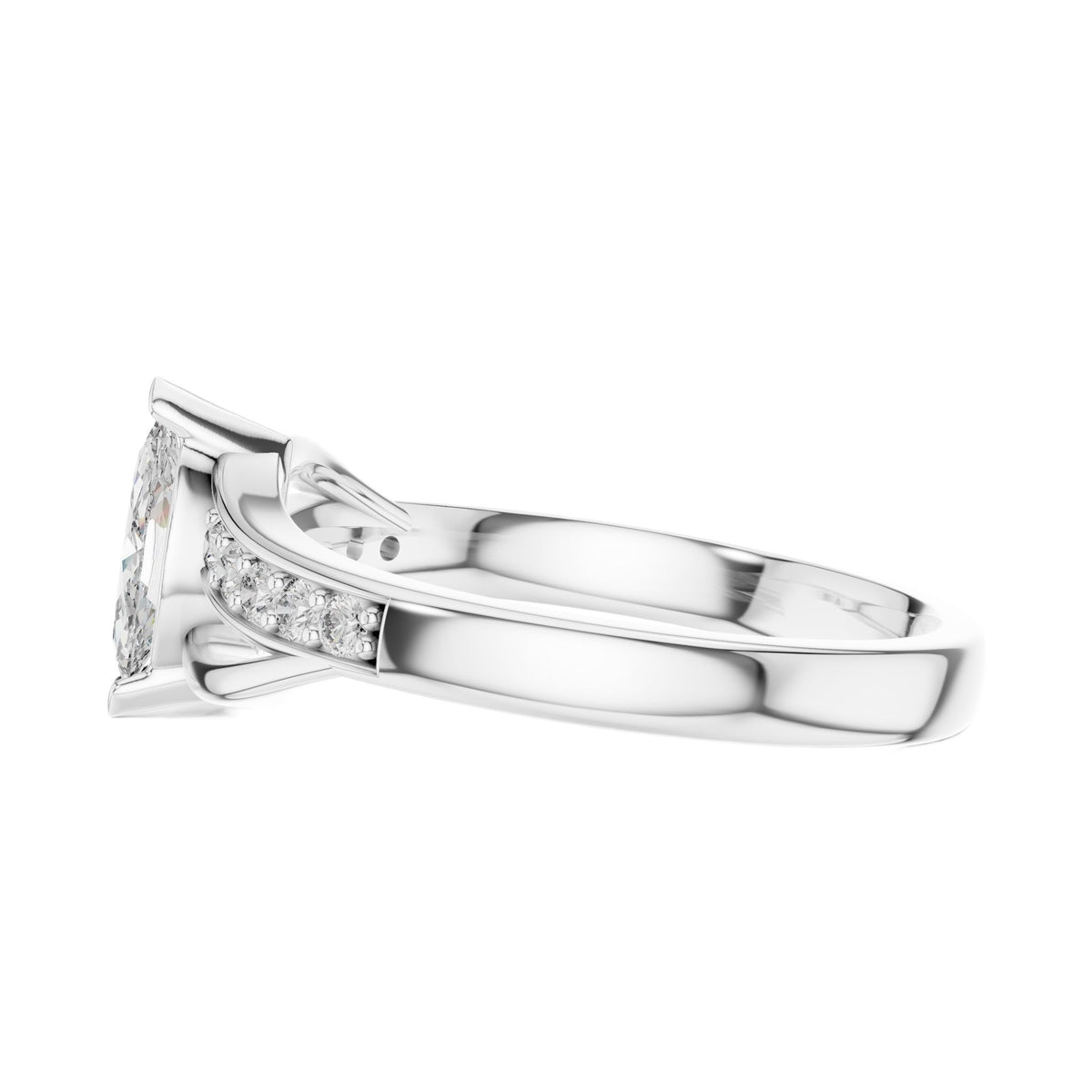 White gold marquise sapphire engagement ring, side view showing pavé detailing