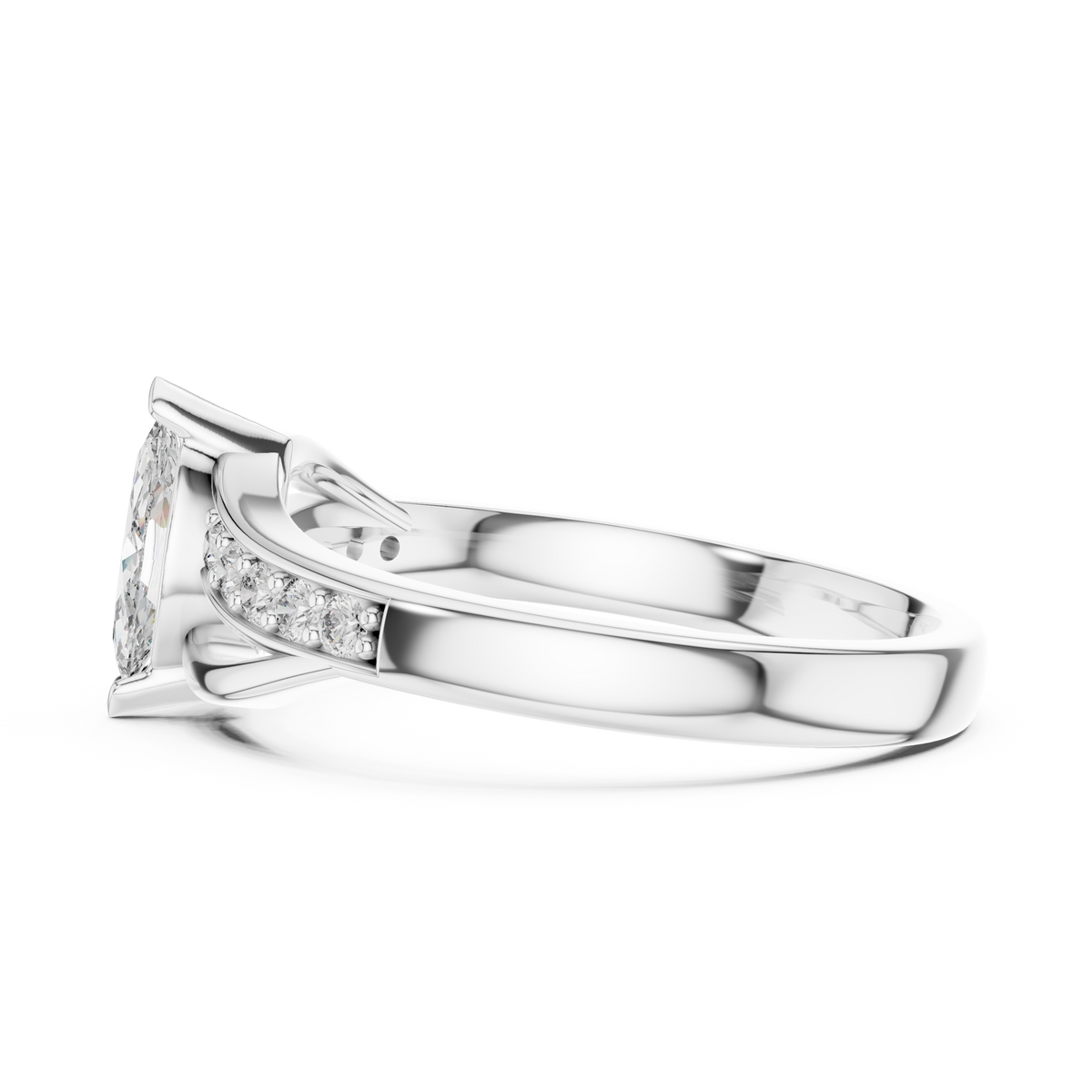 White gold marquise sapphire engagement ring, side view showing pavé detailing