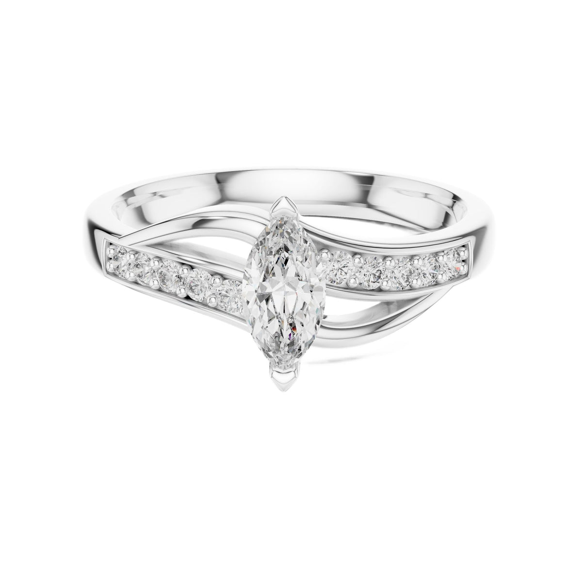 White gold marquise sapphire engagement ring with pavé band and marquise center