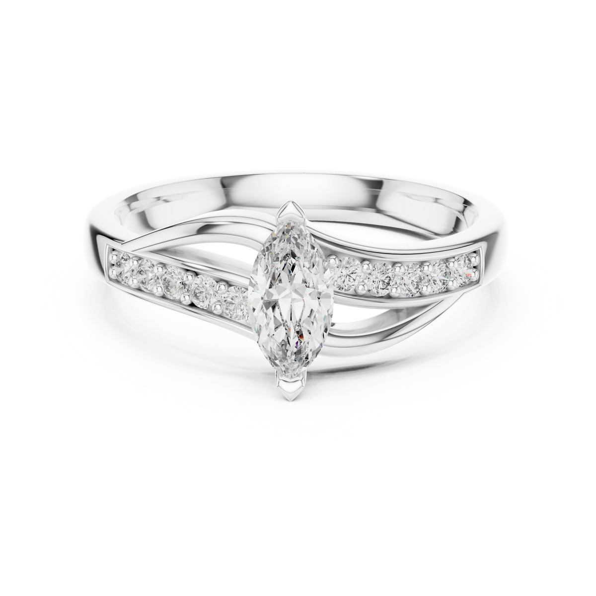 White gold marquise sapphire engagement ring with pavé band and marquise center