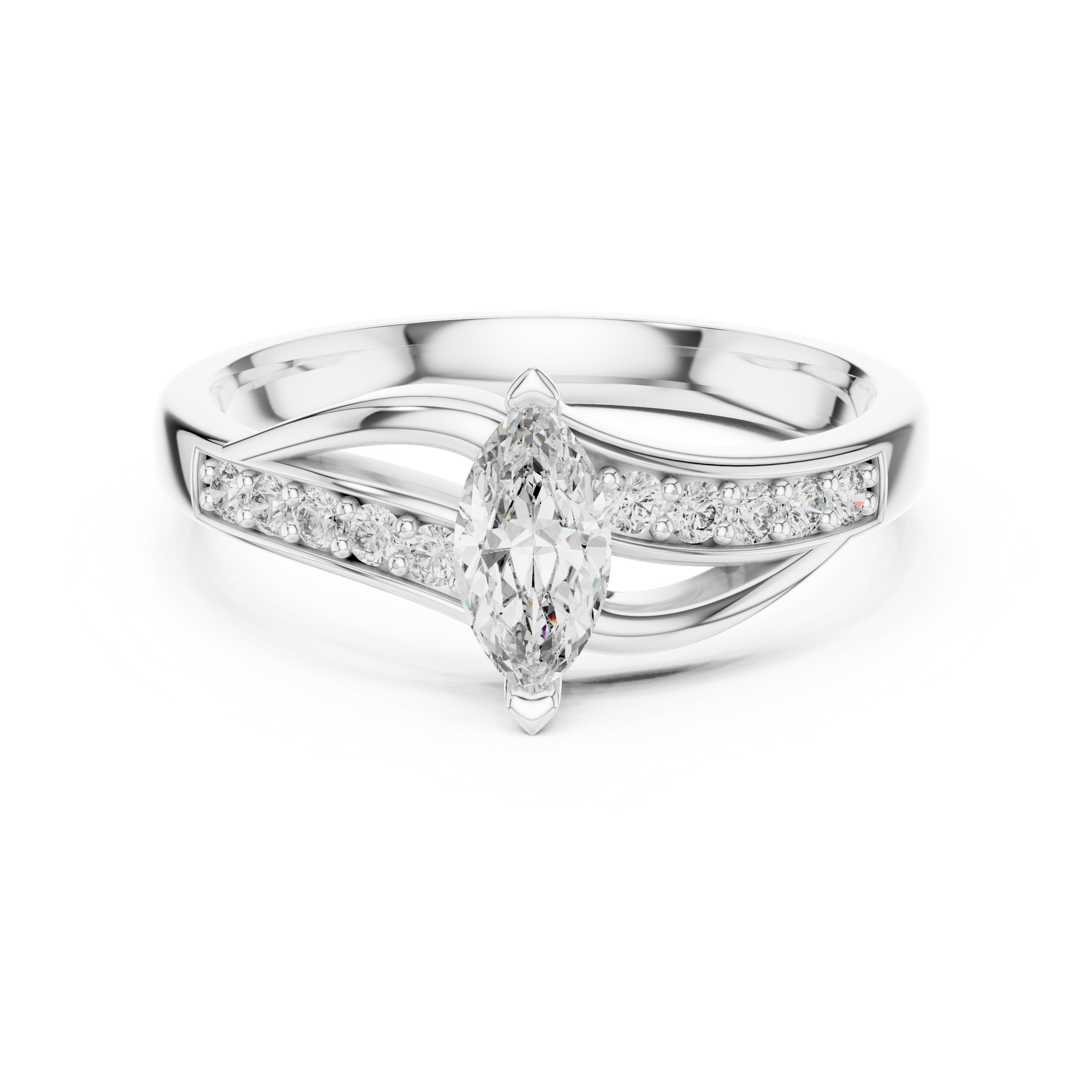 White gold marquise sapphire engagement ring with pavé band and marquise center