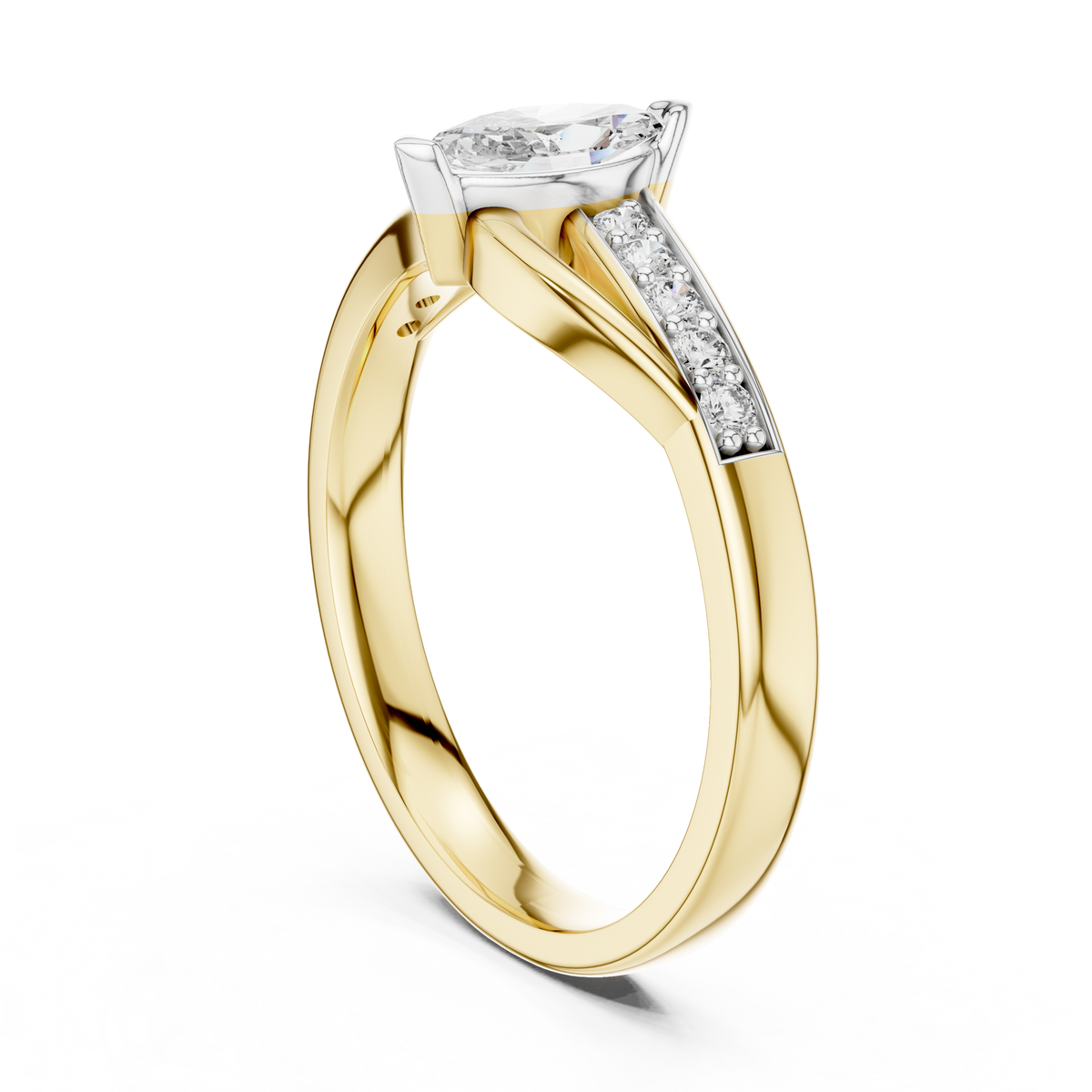 Marquise-cut gemstone engagement ring in yellow gold with pavé side stones