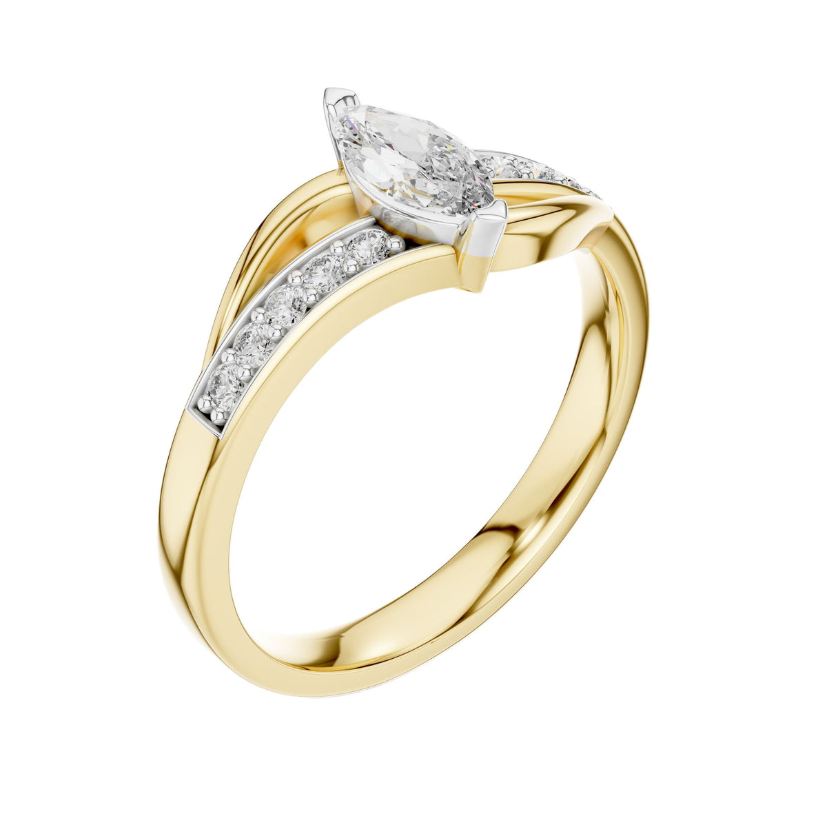 Marquise-cut gemstone engagement ring in yellow gold with pavé setting