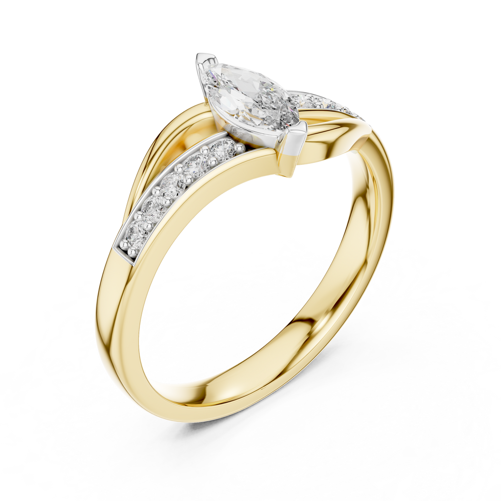 Marquise-cut gemstone engagement ring in yellow gold with pavé setting