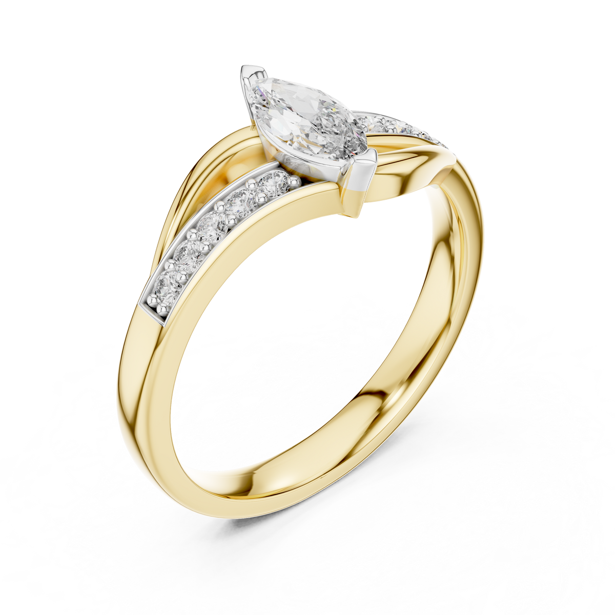 Marquise-cut gemstone engagement ring in yellow gold with pavé setting
