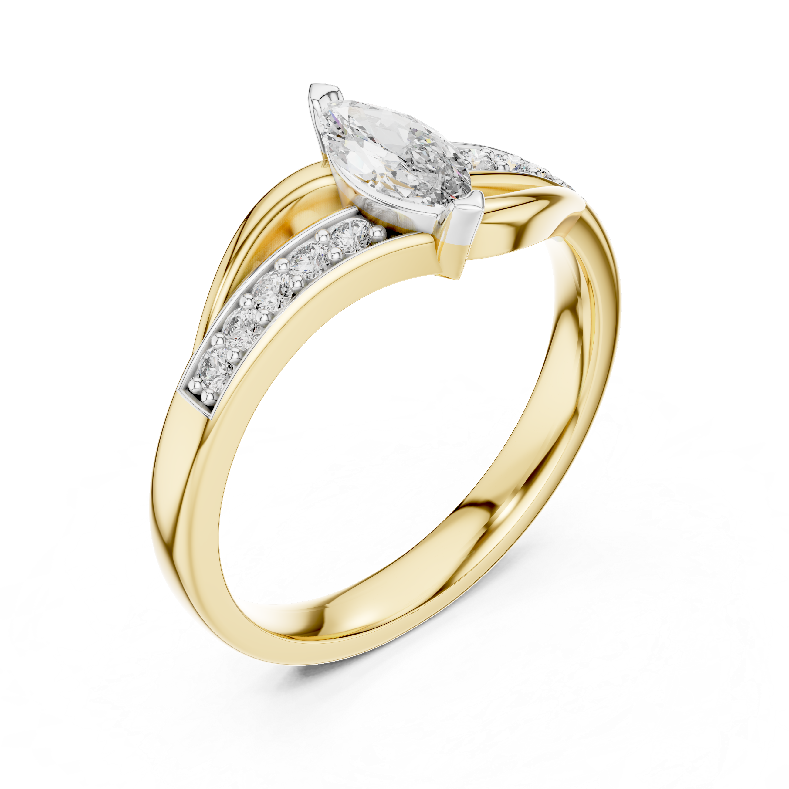 Marquise-cut gemstone engagement ring in yellow gold with pavé setting