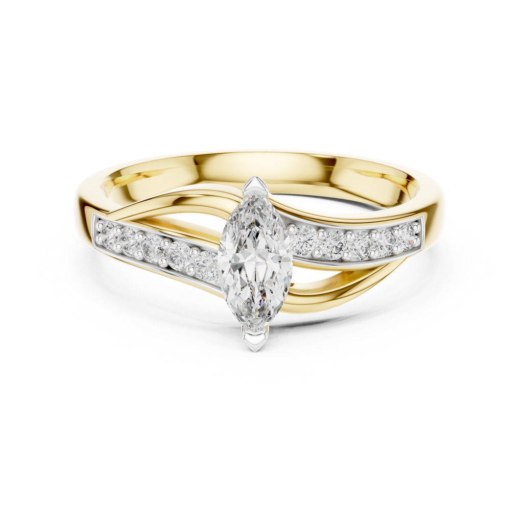 Marquise-cut gemstone engagement ring front view in yellow gold with pavé border