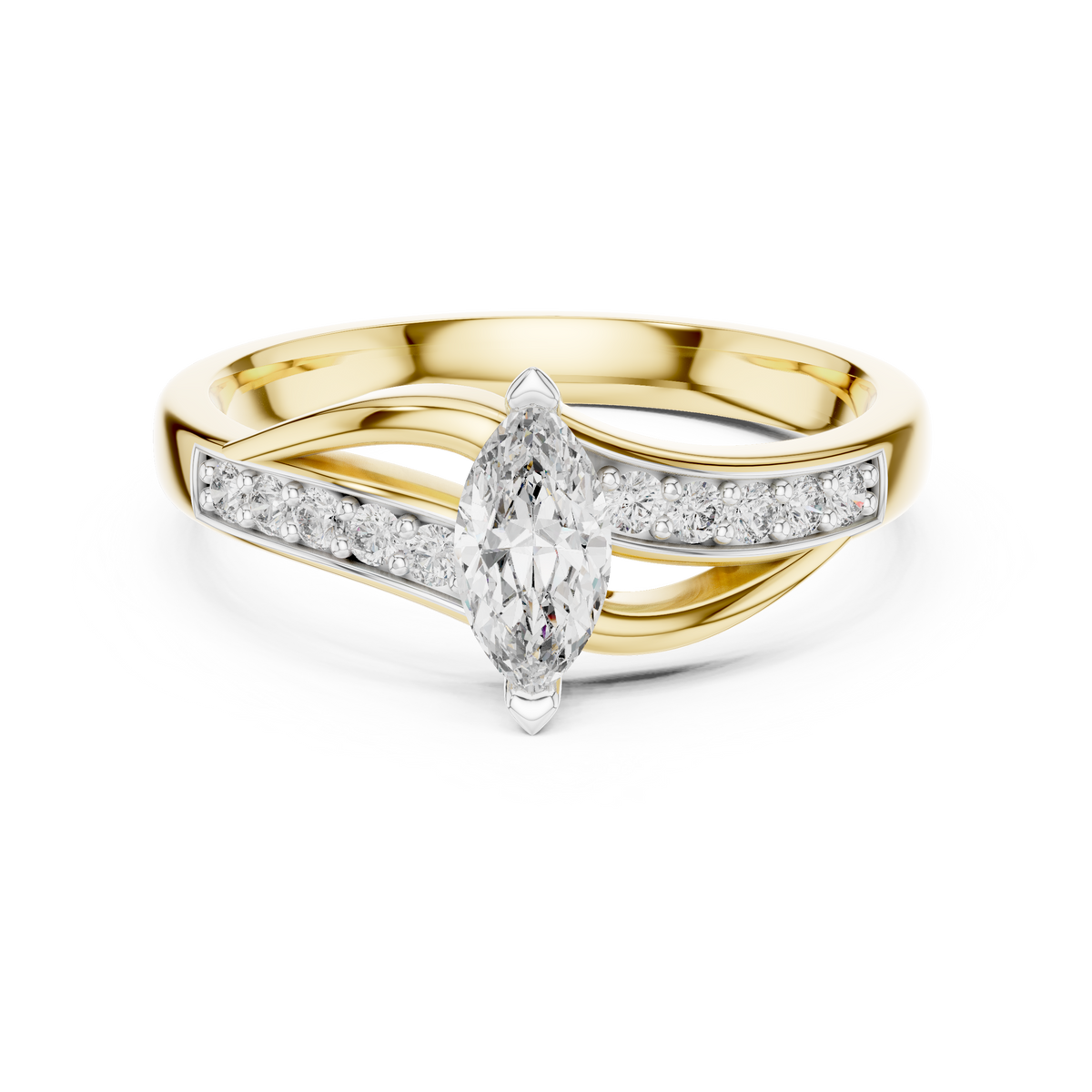 Marquise-cut gemstone engagement ring front view in yellow gold with pavé border
