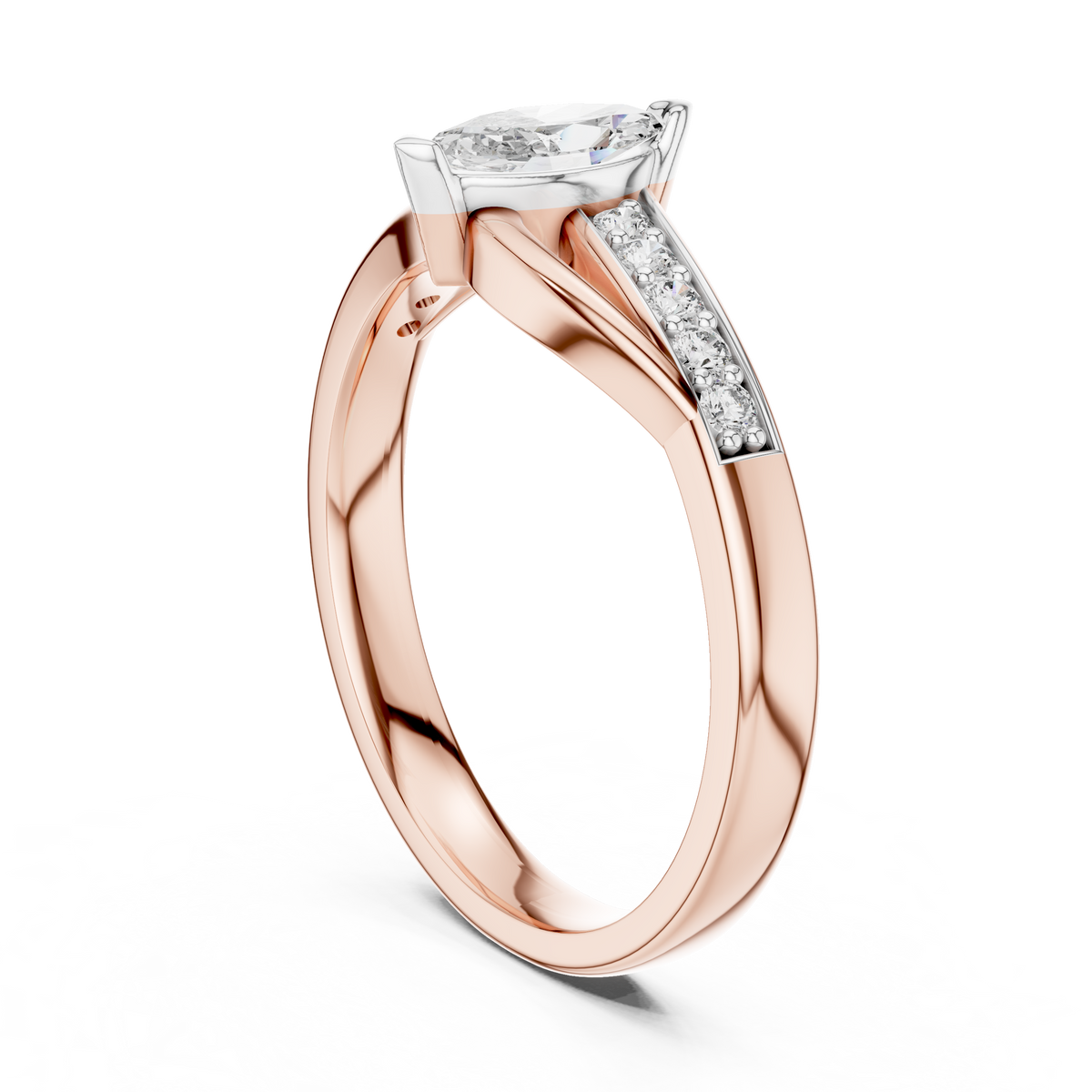 Rose gold marquise sapphire engagement ring with pavé side stones, side view