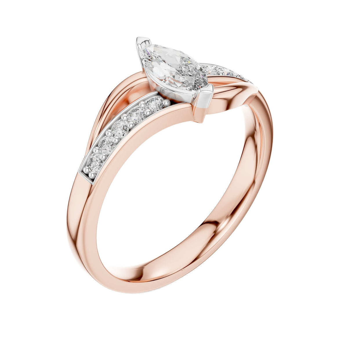 Rose gold marquise sapphire engagement ring with pavé band, three-quarter view