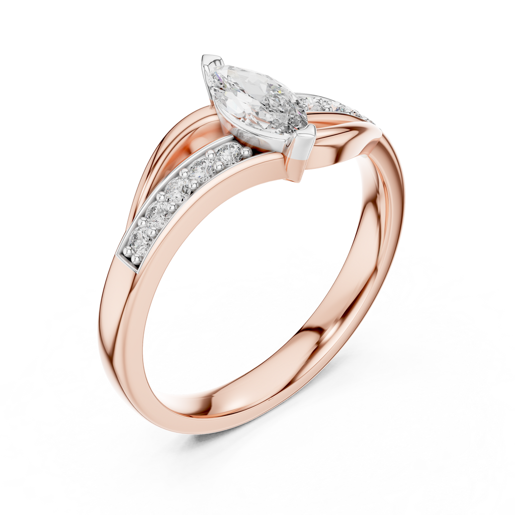 Rose gold marquise sapphire engagement ring with pavé band, three-quarter view