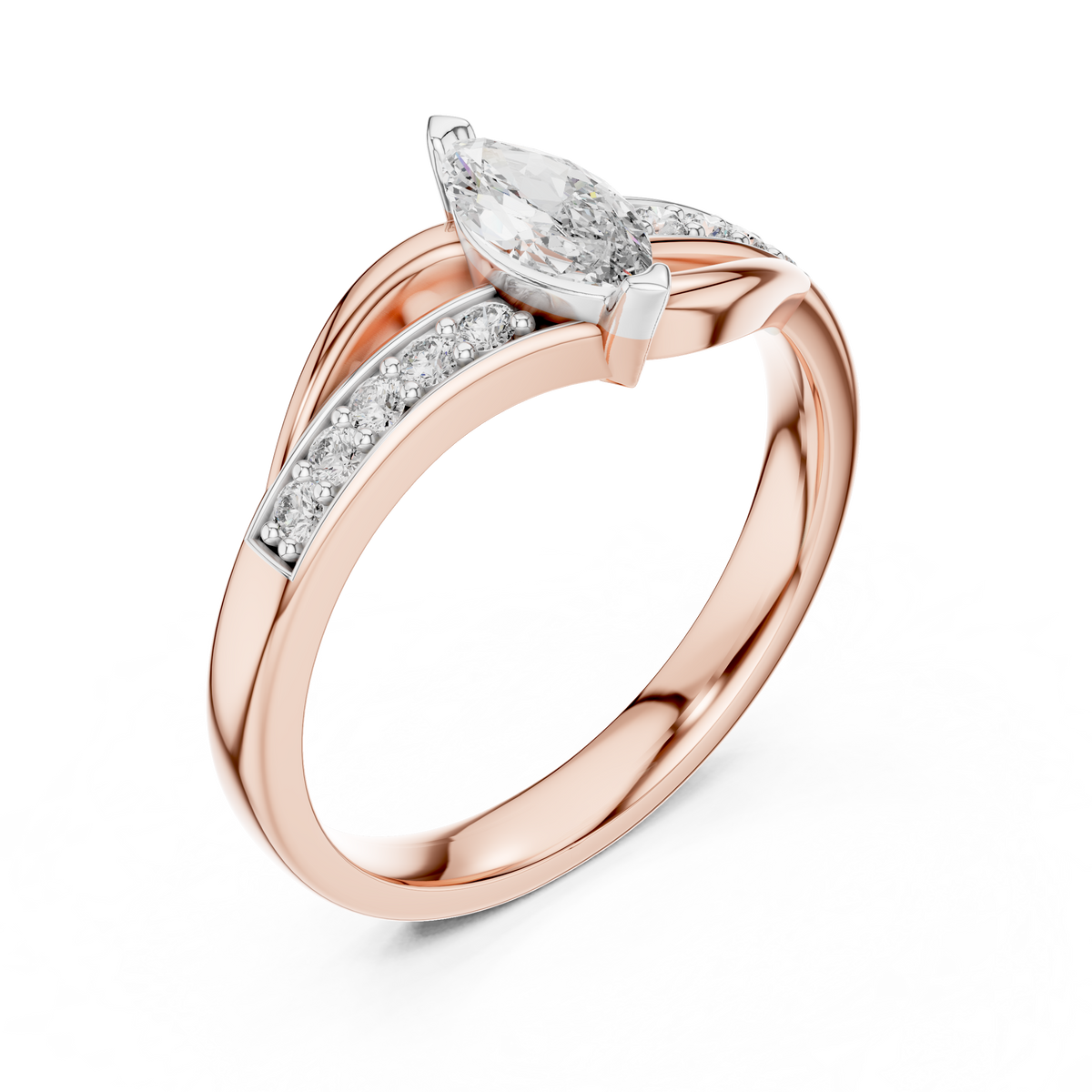 Rose gold marquise sapphire engagement ring with pavé band, three-quarter view