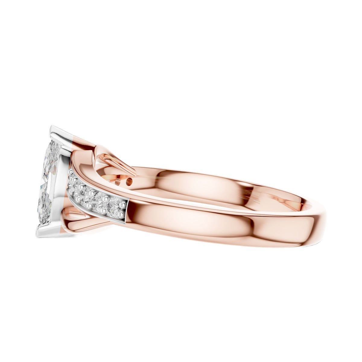 Rose gold marquise sapphire engagement ring, band side profile with pavé stones