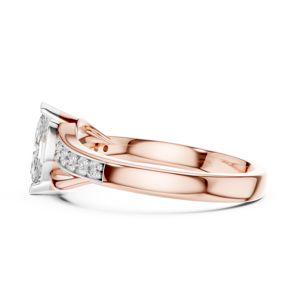 Rose gold marquise sapphire engagement ring, band side profile with pavé stones