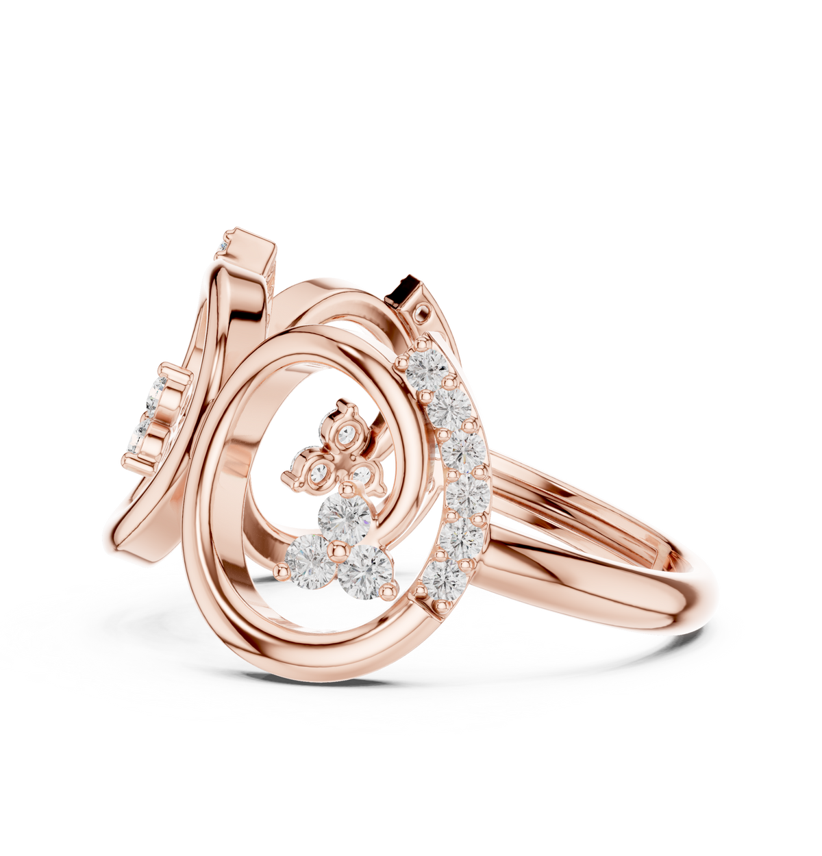 Rose gold triple-spiral diamond statement ring with round pavé-set stones