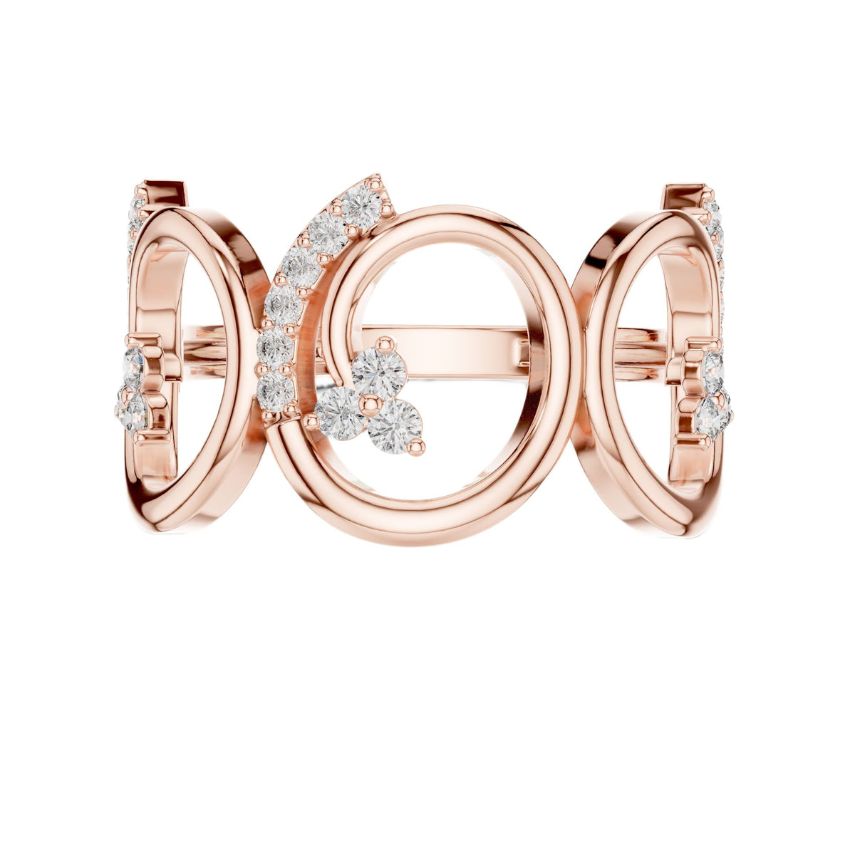Rose gold triple-spiral diamond statement ring, front view with round stones