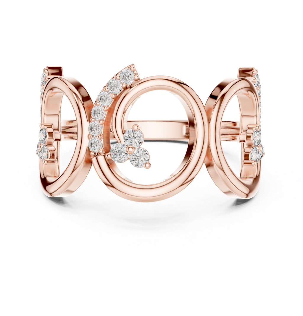 Rose gold triple-spiral diamond statement ring, front view with round stones
