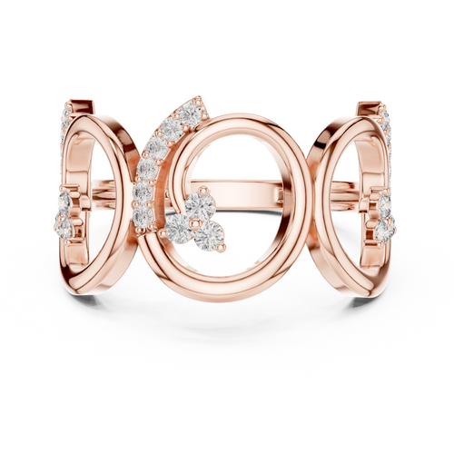 Rose gold triple-spiral diamond statement ring, front view with round stones