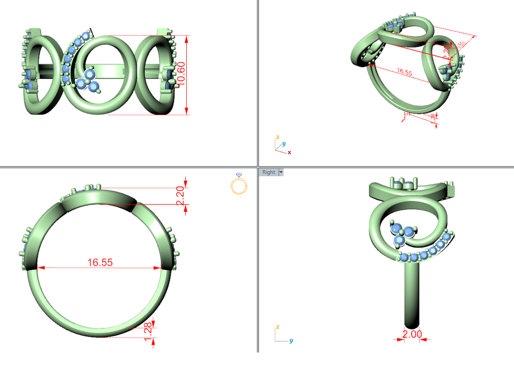 Green 3D CAD render of a three-ring spiral diamond setting