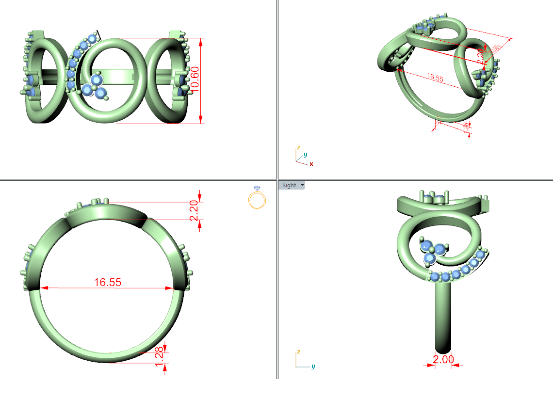 Green 3D CAD render of a three-ring spiral diamond setting