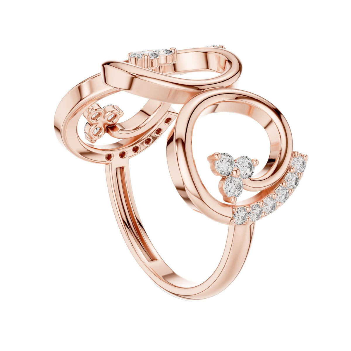 Rose gold triple-spiral diamond statement ring with round stones, angled view