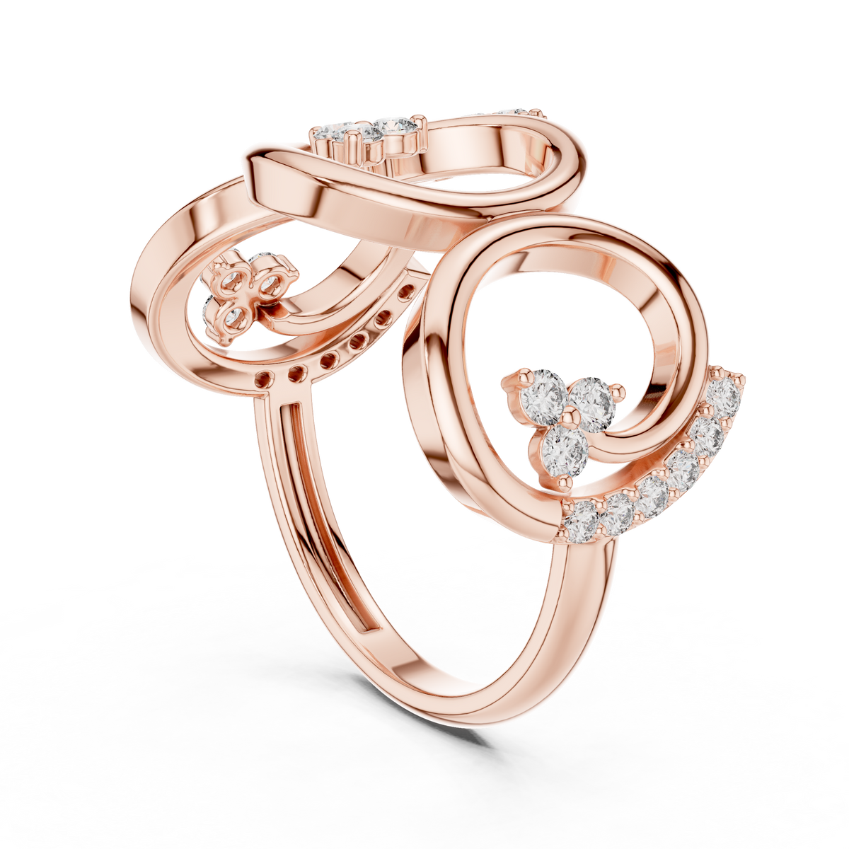 Rose gold triple-spiral diamond statement ring with round stones, angled view