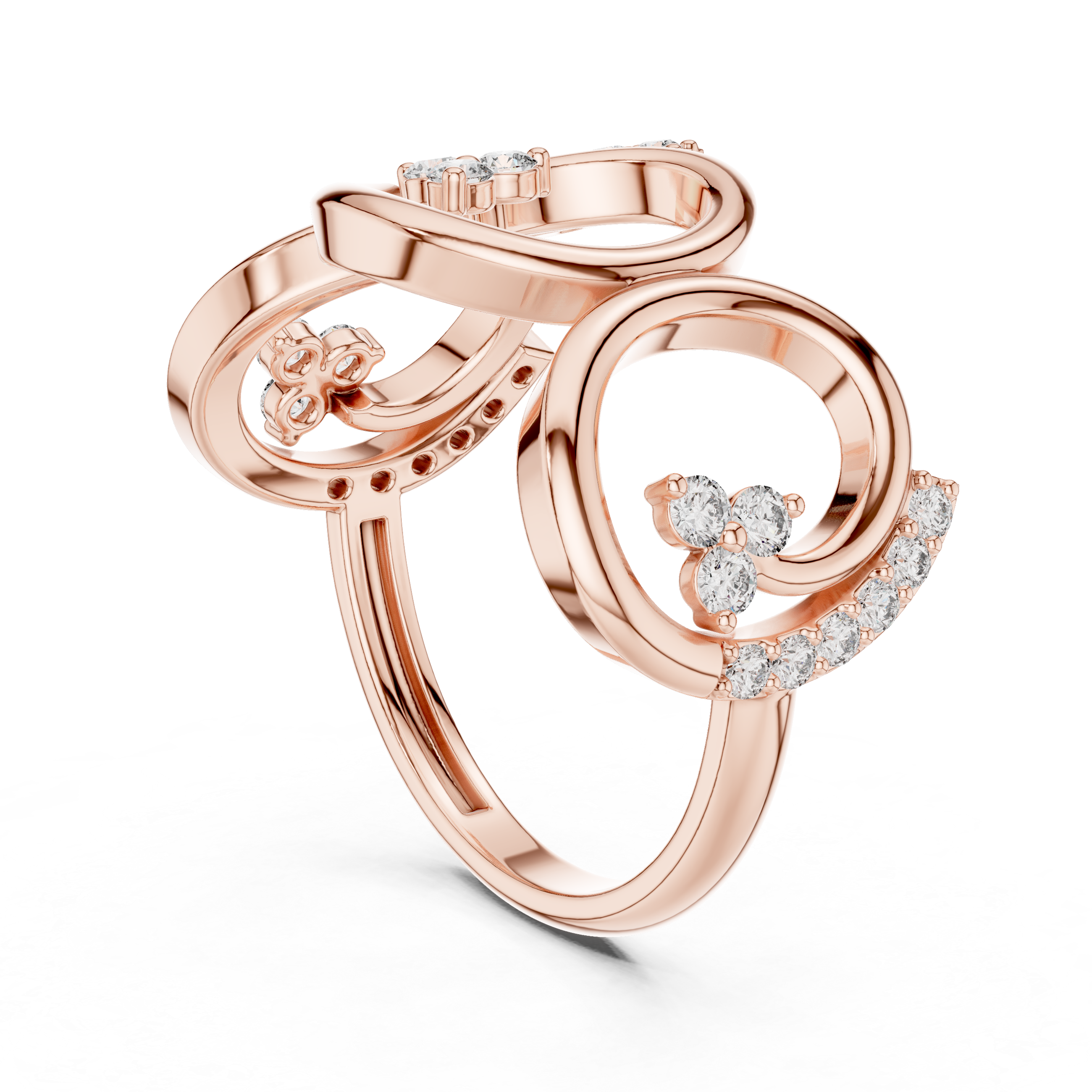 Rose gold triple-spiral diamond statement ring with round stones, angled view