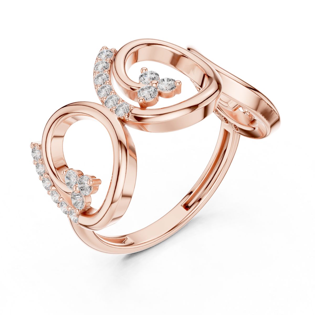 Rose gold triple-spiral diamond statement ring with round stones, side view