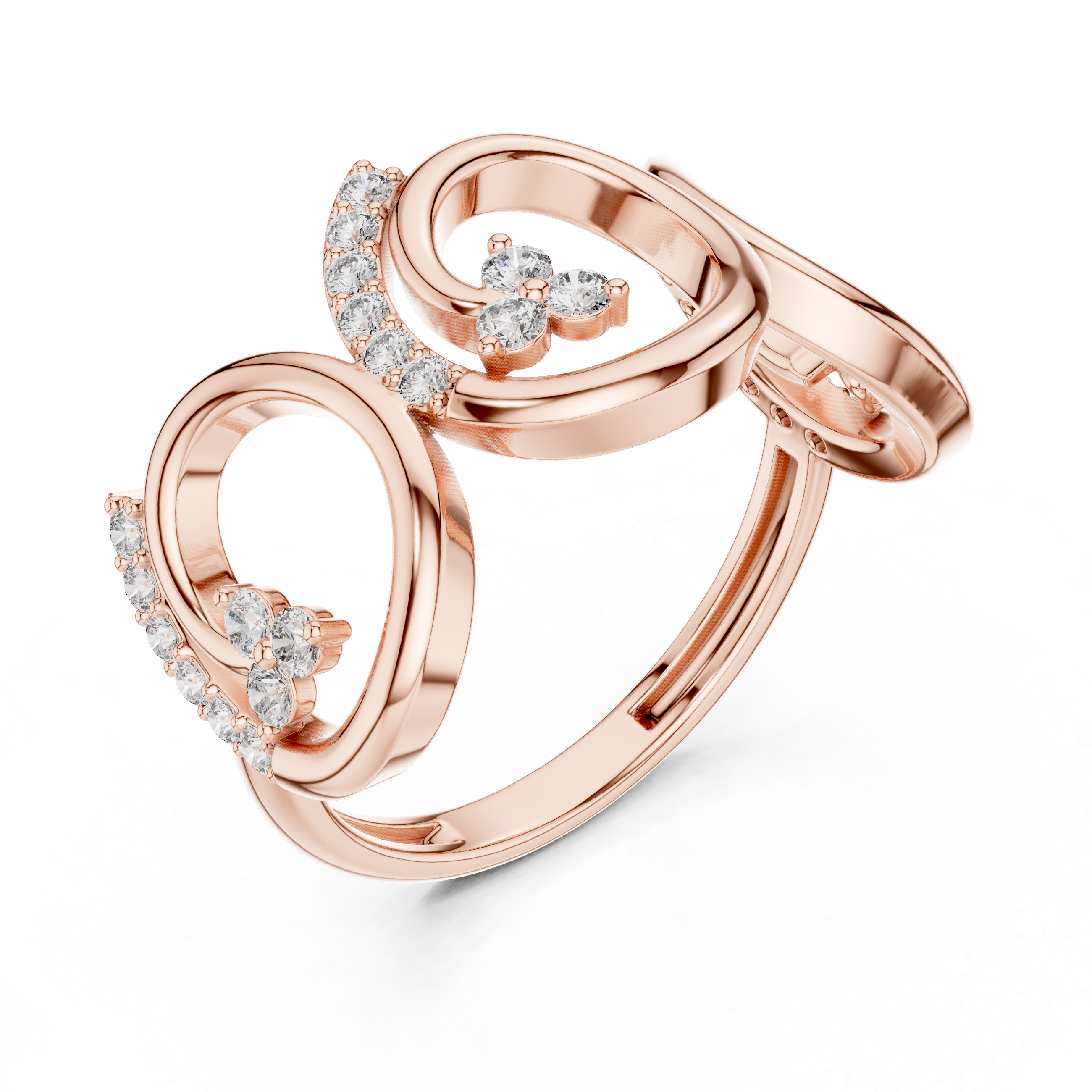 Rose gold triple-spiral diamond statement ring with round stones, side view
