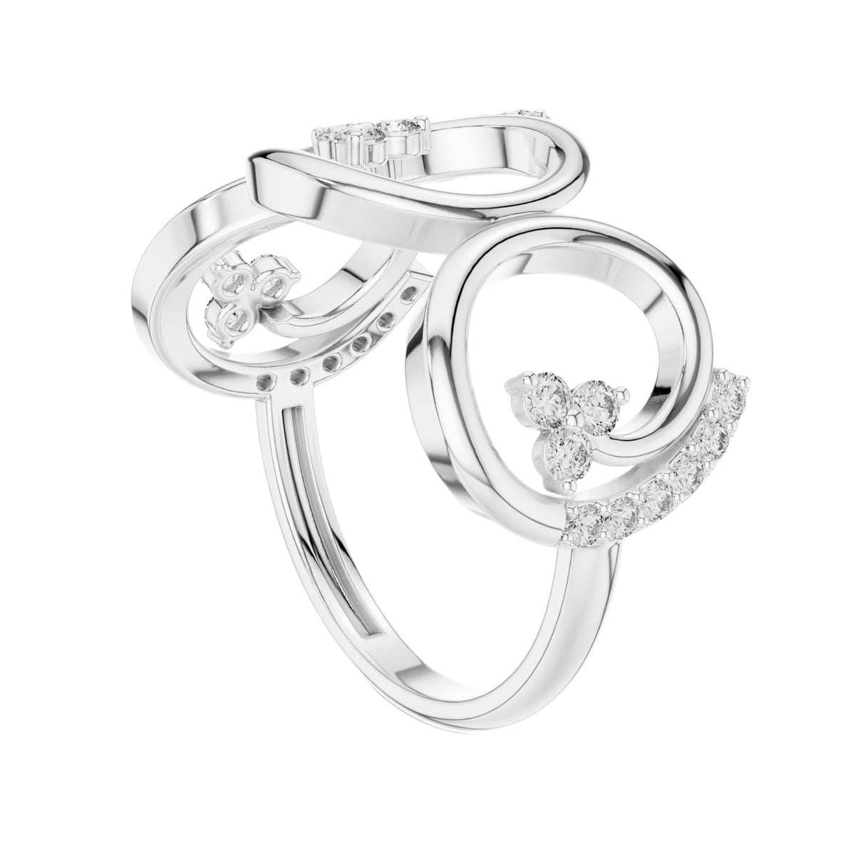 Platinum-toned statement diamond ring with triple spiral band and round stones