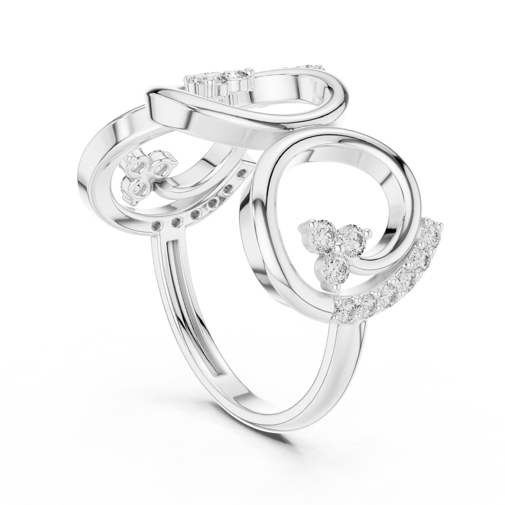 Platinum-toned statement diamond ring with triple spiral band and round stones
