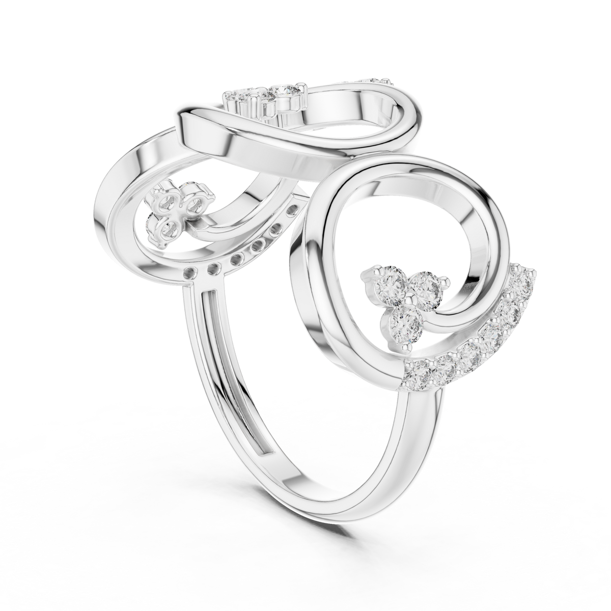 Platinum-toned statement diamond ring with triple spiral band and round stones
