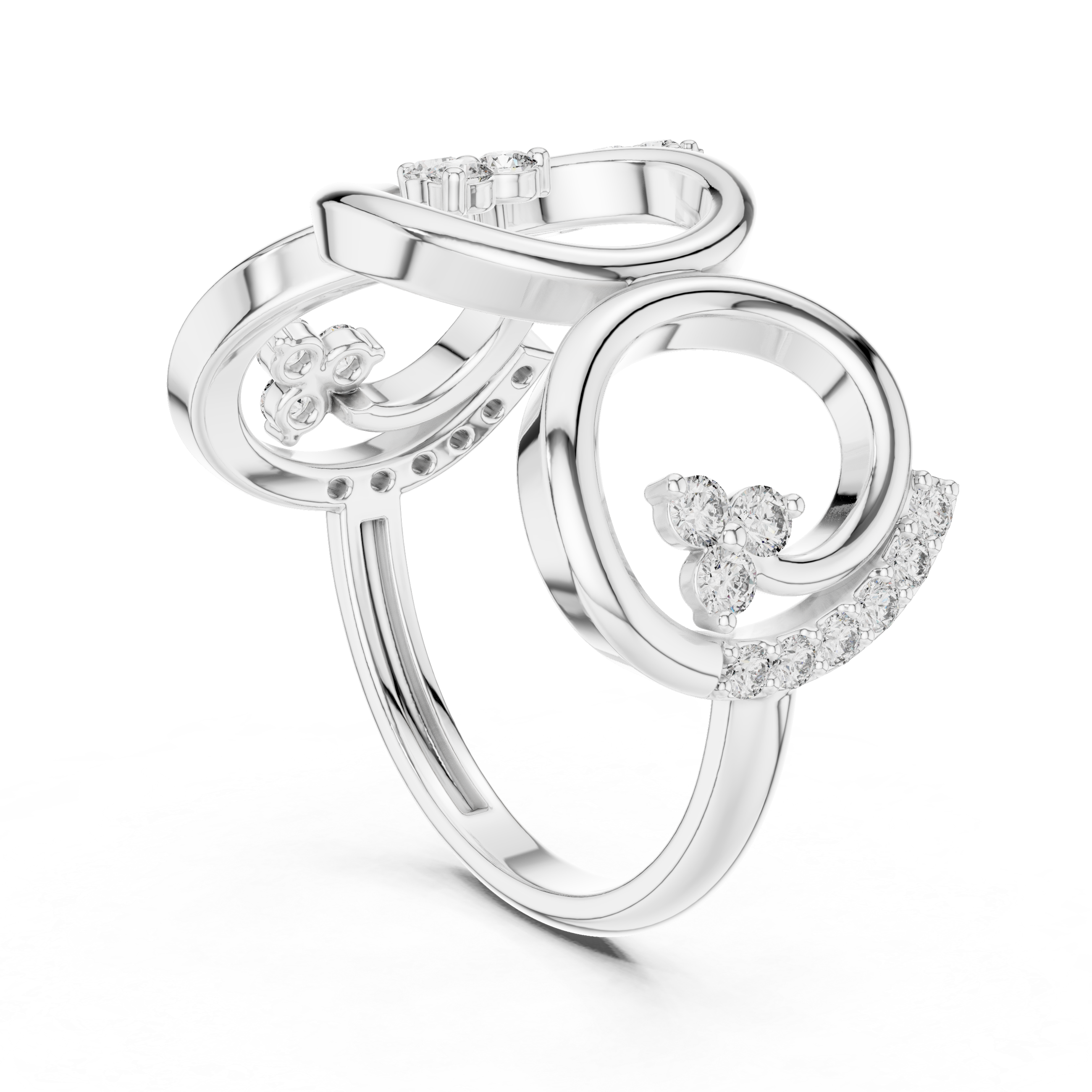 Platinum-toned statement diamond ring with triple spiral band and round stones