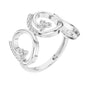 Platinum-toned triple-spiral diamond ring with round center stones on openwork band