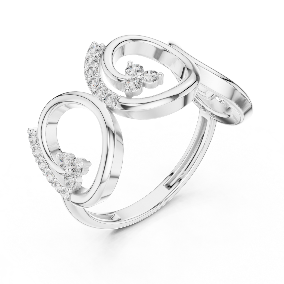 Platinum-toned triple-spiral diamond ring with round center stones on openwork band