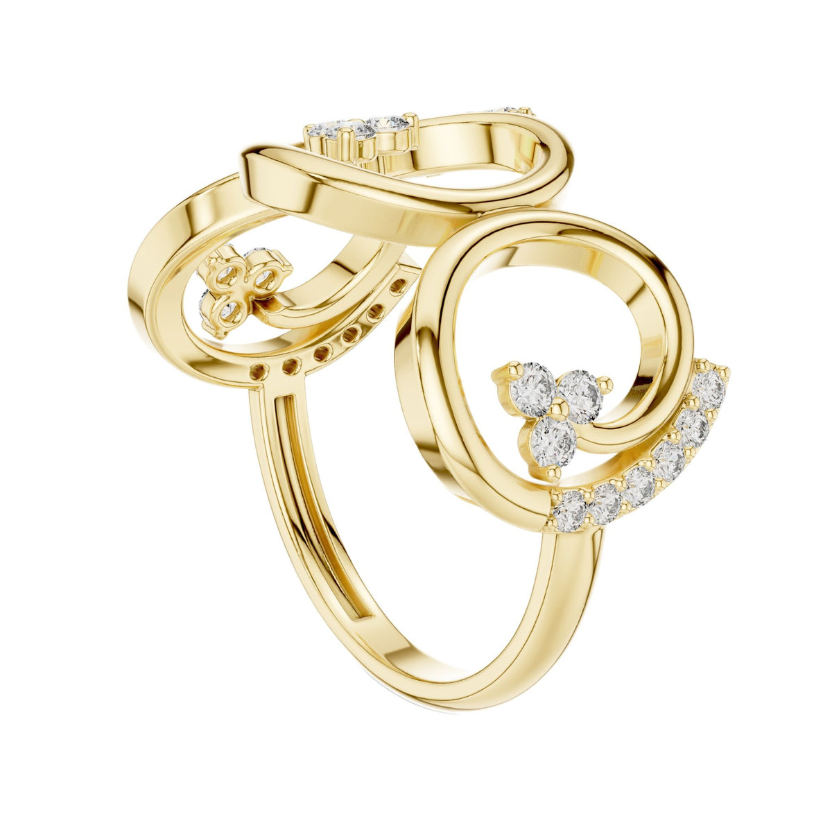 Yellow gold triple-spiral diamond statement ring with round stones and open band