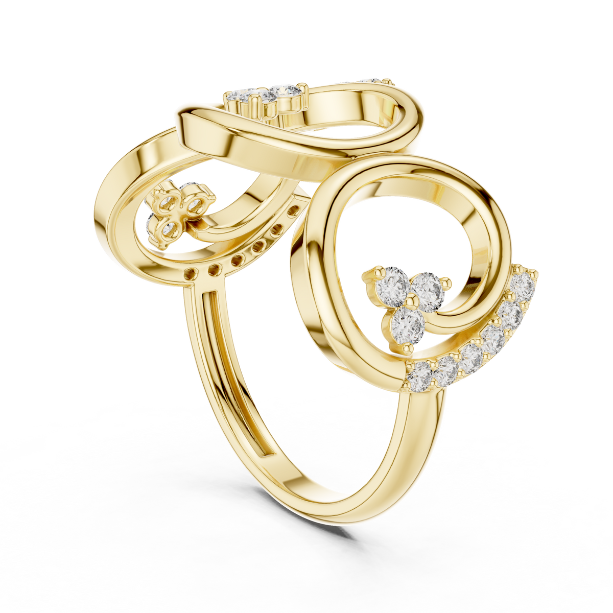 Yellow gold triple-spiral diamond statement ring with round stones and open band