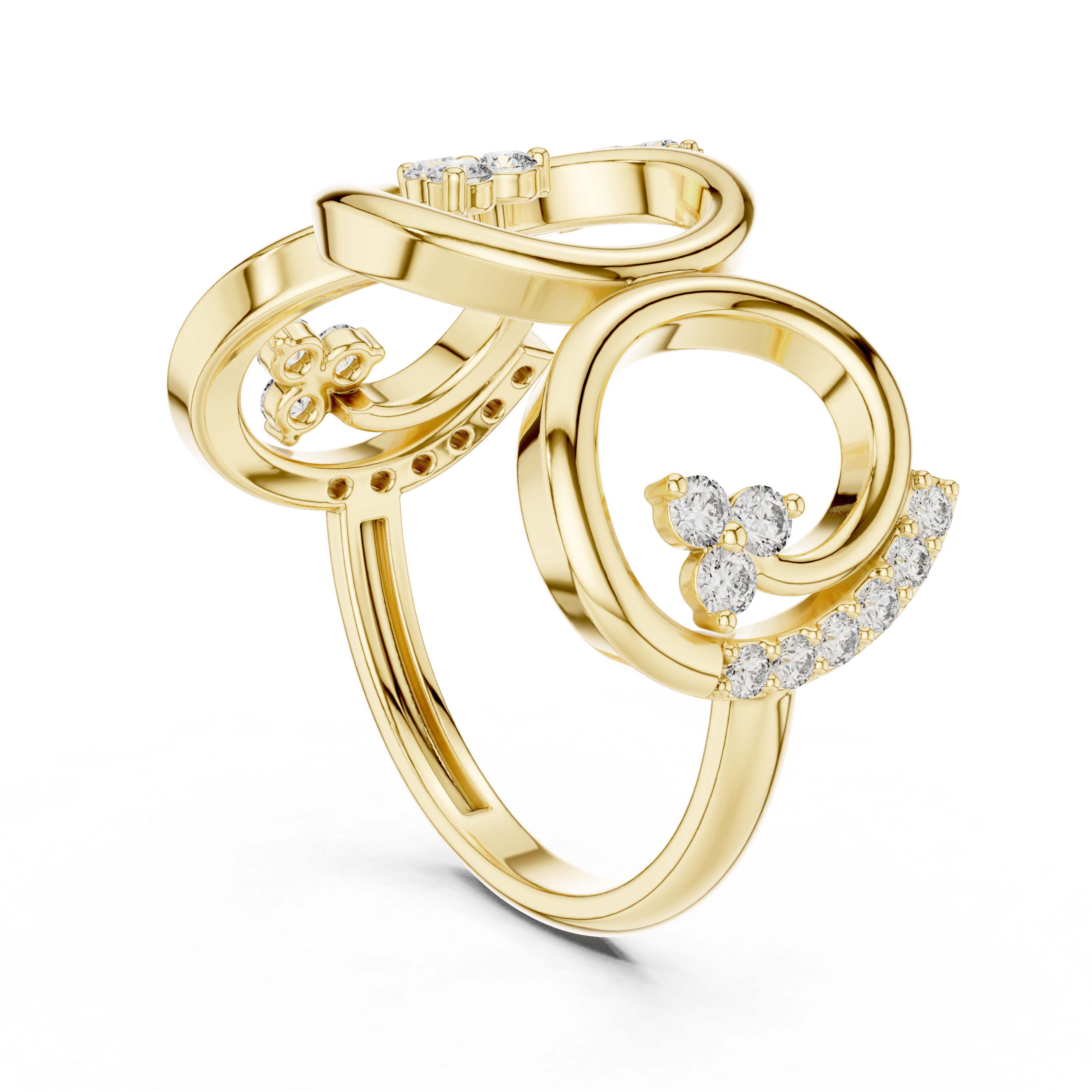 Yellow gold triple-spiral diamond statement ring with round stones and open band