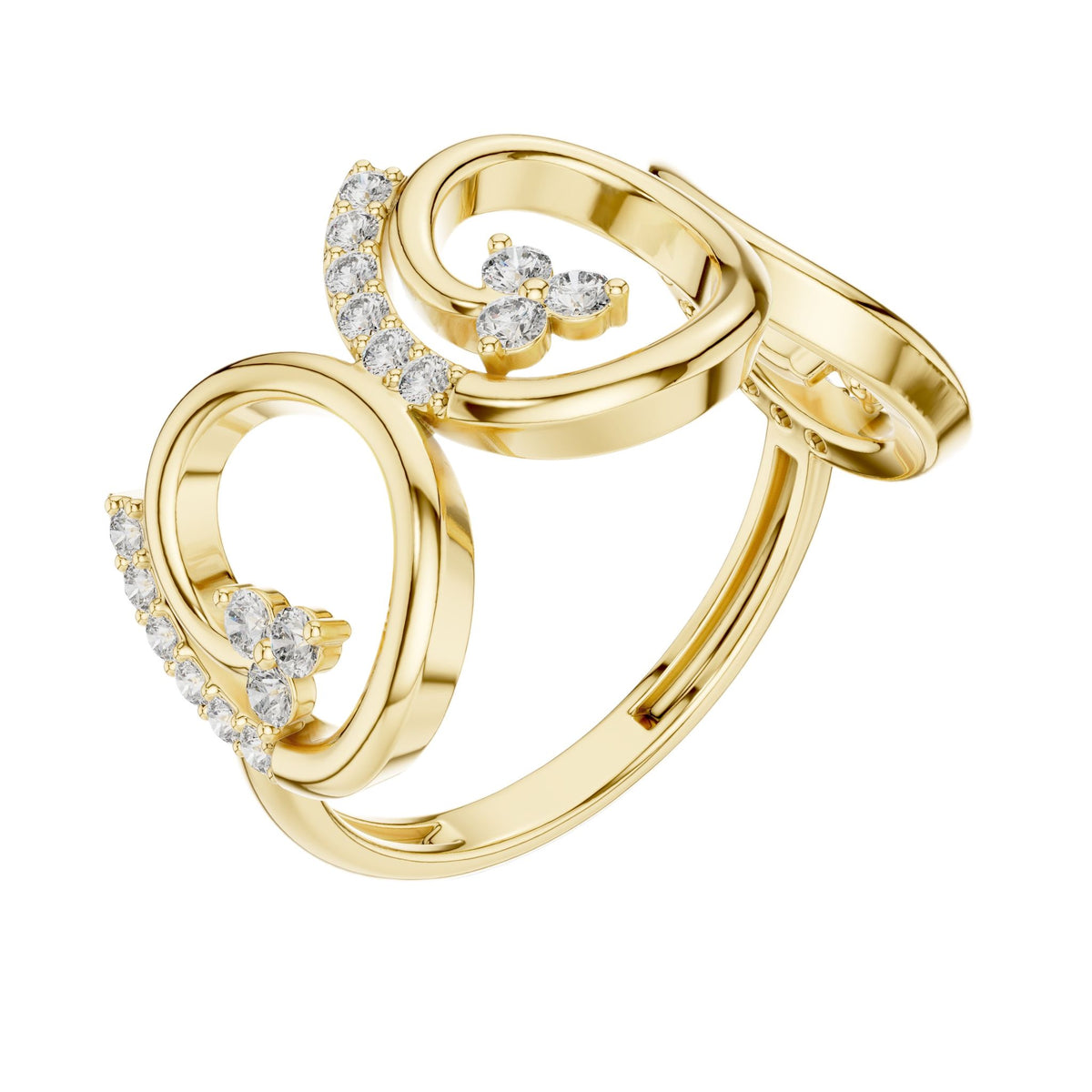 Yellow gold triple-spiral diamond ring with clustered round stones on curved band