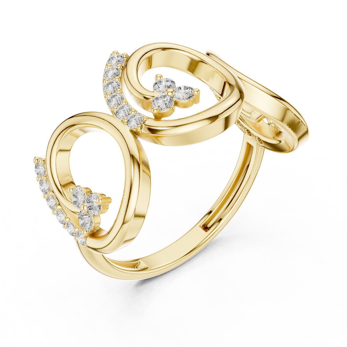 Yellow gold triple-spiral diamond ring with clustered round stones on curved band