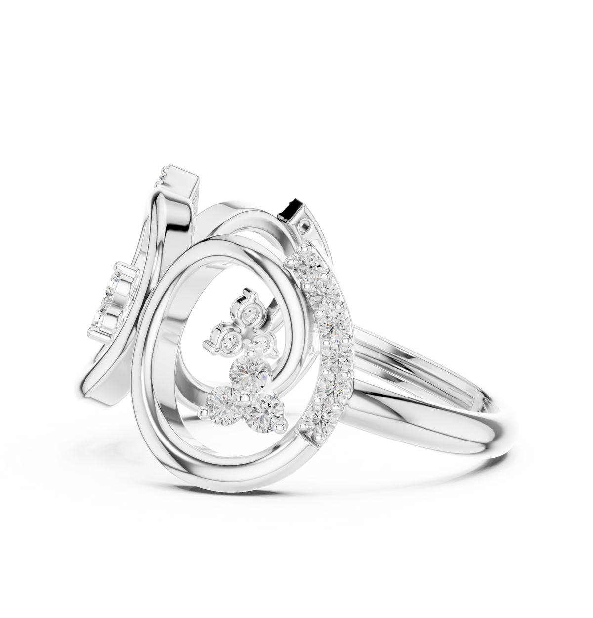 White gold triple-spiral diamond statement ring with round pavé-set stones