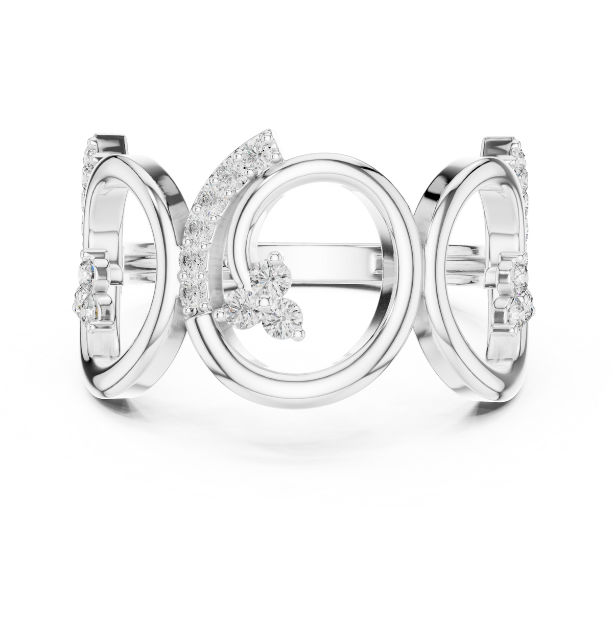 White gold triple-spiral diamond statement ring, front view with round stones