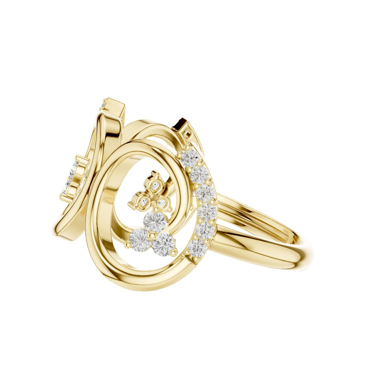 Yellow gold triple-spiral diamond statement ring with round pavé-set stones