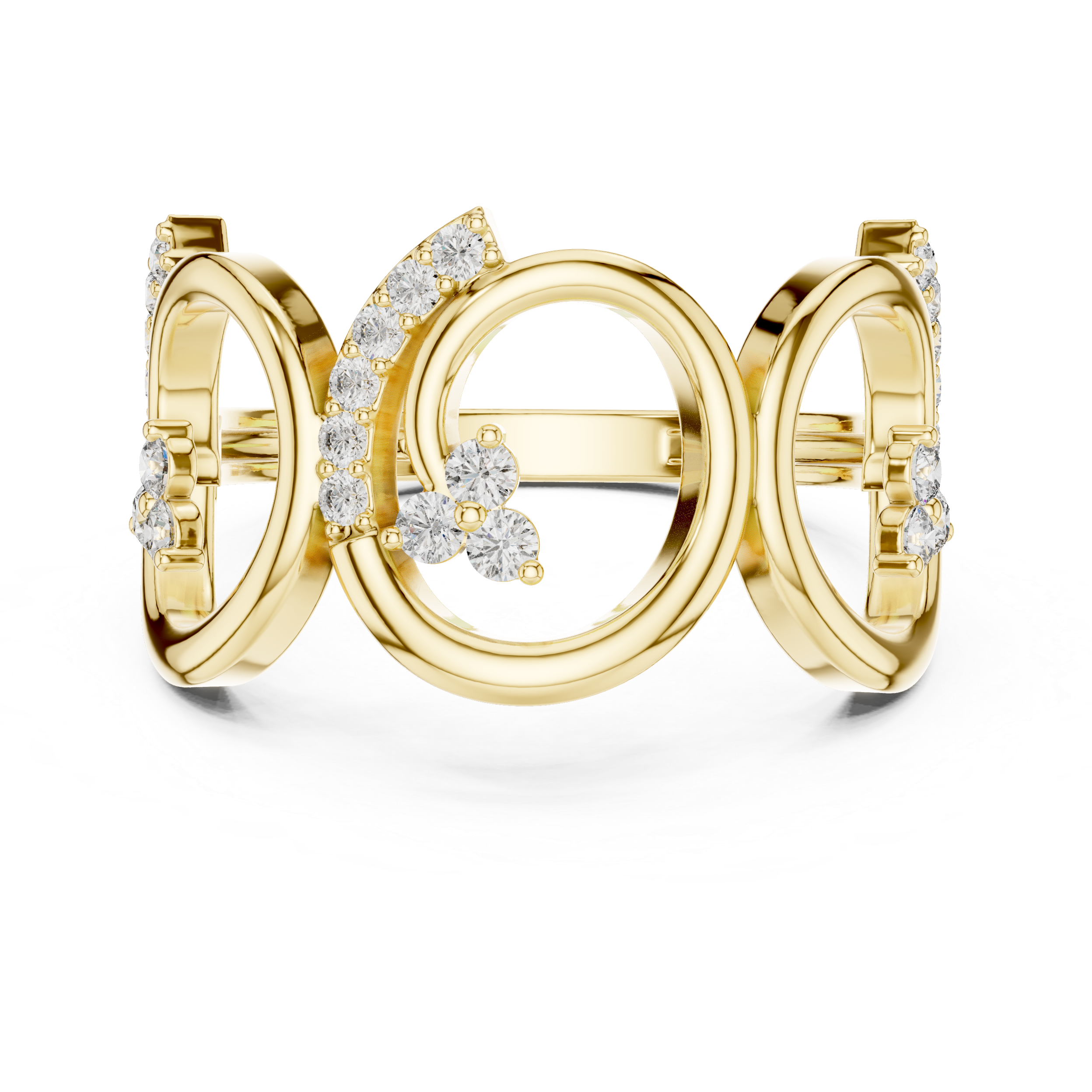 Yellow gold triple-spiral diamond statement ring, front view with round stones