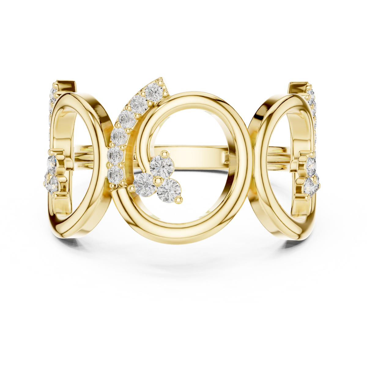 Yellow gold triple-spiral diamond statement ring, front view with round stones
