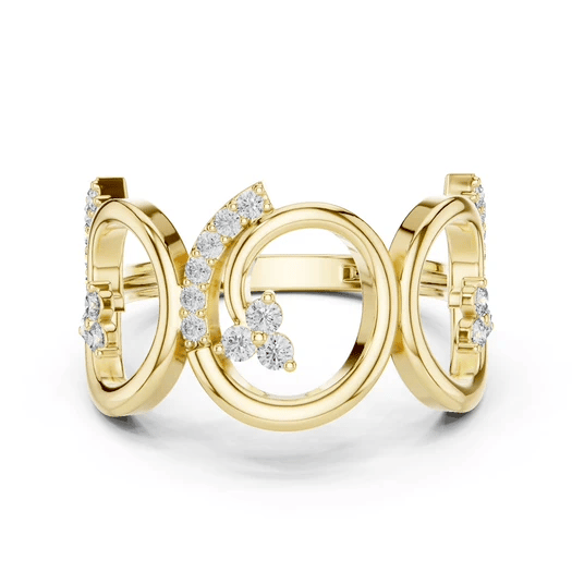 Yellow gold triple-spiral diamond statement ring with pavé round stones.